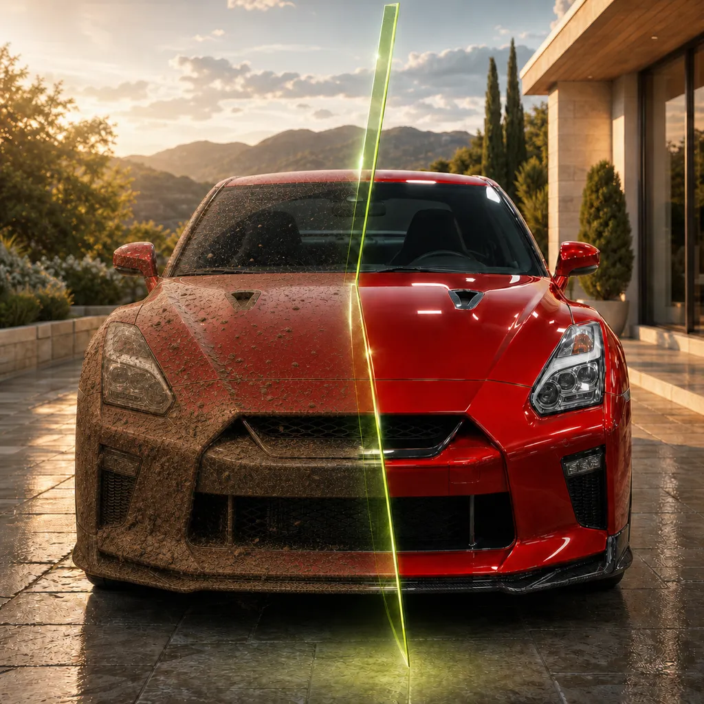 DetailReel app icon showing a polished car in a vertical before-and-after reveal
